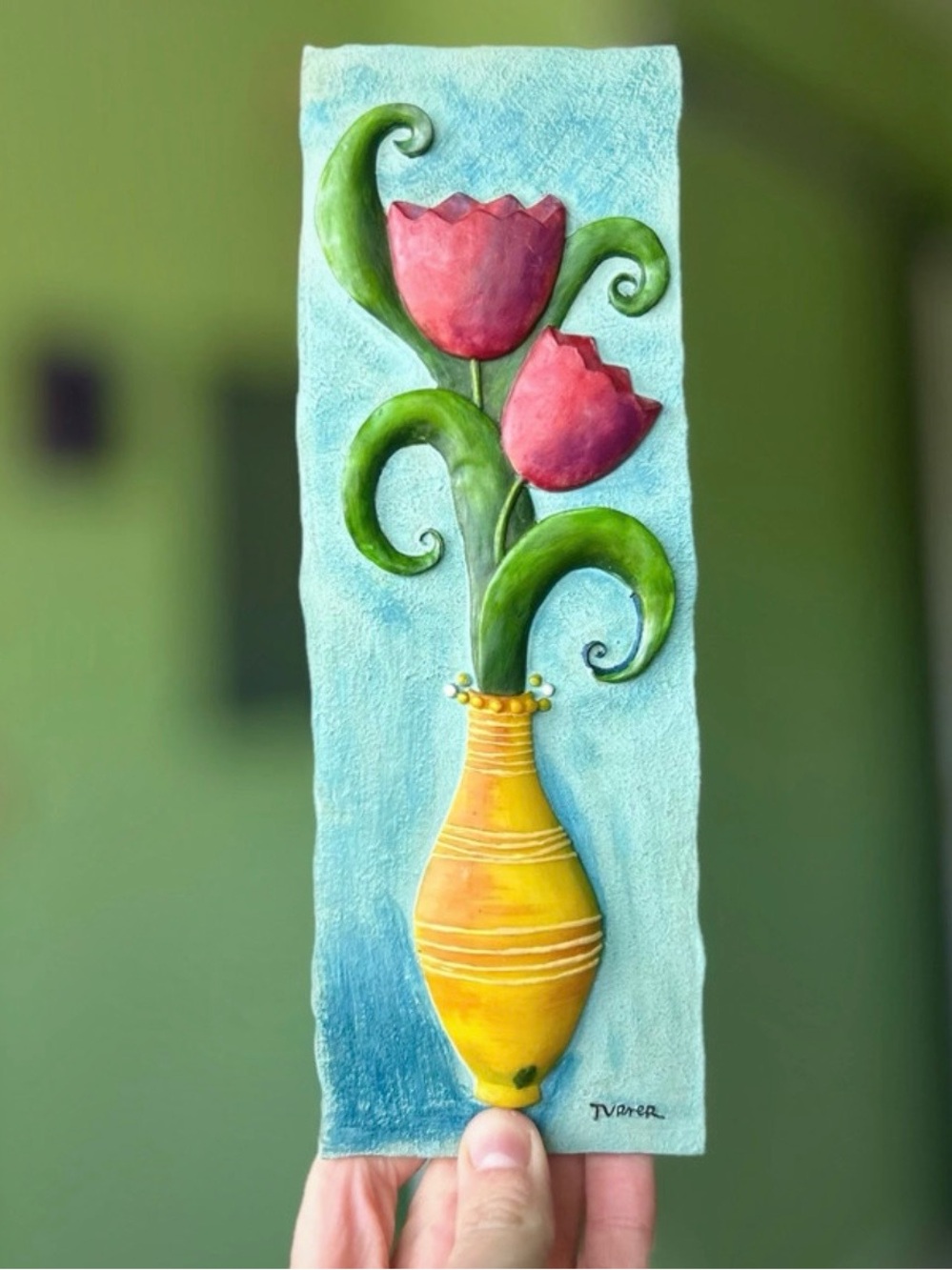 Vintage 3D Colorful Plaque of Two Pink Tips in a Yellow Vase with Green Stems